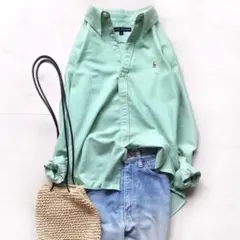 美品 ラルフローレン オックスフォード ボタンダウンシャツ 緑 マルチポニー L