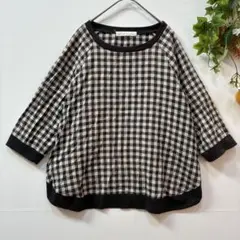 【as know as】チュニック　カットソー　チェック　黒×ベージュ　F