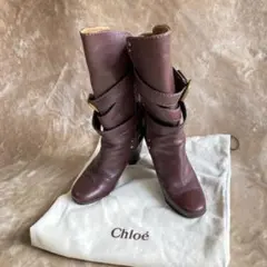 Chloe ロングブーツ ベルト シボ革 ブラウン 23cm