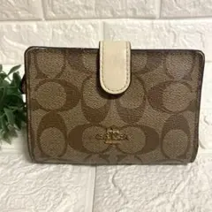 【COACH】コーチ　2つ折り財布 シグネチャー　ブラウン ホワイト
