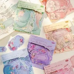 S08 レトロ シール 6種360枚 薔薇 花束 小花 水彩画風 ピンク