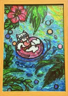 沖縄にゃんこステンドグラスガラス絵の具金運開運絵画手書きイラストアート富士風景画