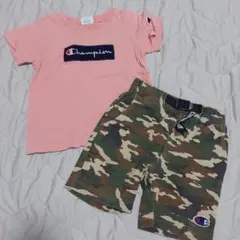 Champion ピンクTシャツと迷彩ショートパンツセット