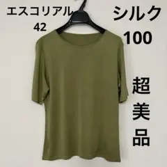 【超美品】エスコリアル★シルク100Ｔシャツ４２/カーキLサイズ