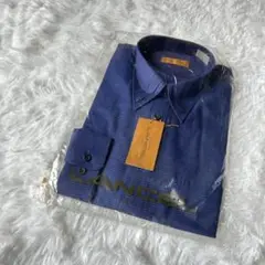 【LANCEL/ランセル】長袖シャツ　総柄　M相当　綿100 紺色　仕事着