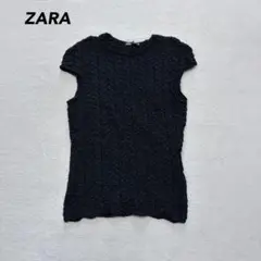 【ザラ】テクスチャーTシャツ ノースリーブ ブラウス M ネイビー 春夏
