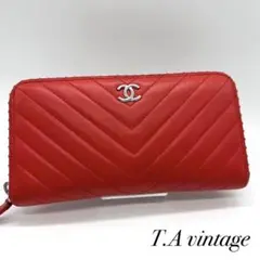 美品!シャネル Vステッチ ラムスキン ラウンドファスナー 長財布 レッド