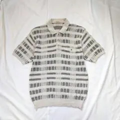 【vintage】80s~リネン×コットン混紡織柄・総柄ニットポロ　ベージュ