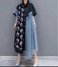 新品　モード系　ワンピース　アシンメトリー　レース　花柄　体型カバー　半袖