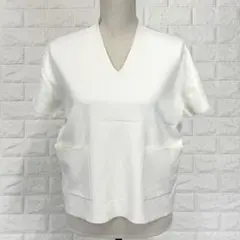 ベイジ【4】白 プルオーバー Vネック ポケット付き 春夏 大人女子 オフィス