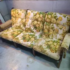カリモク オールドカリモク ヴィンテージ ２シーター ソファ ポップ 花柄 カリモクチターノソファ 2人掛け 花柄 フラワー イエロー 黄色