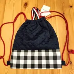 ネイビー チェック柄 ナップザック 約40×33.5cm