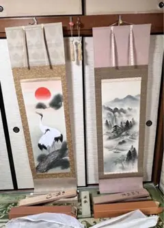 牡丹　掛け軸　小栗春峰 彩色山水 小栗春峰「尺五立」肉筆！ 山水画 - 掛け軸（掛軸