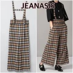 【JEANASIS】サス付きハイウエストチェックパンツ サロペットワイドパンツ