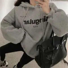 ロゴパーカー英字かっこいい♡グレー裏起毛あったかフード付きパーカー♡