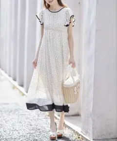 後ろリボン付き配色切り替えドットワンピース ✨美品✨tocco オフホワイト