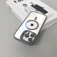 iPhone15Proケース　MagSafe　スタンド　グレー　クリアケース