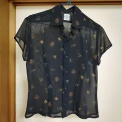 JPRESS シースルー 花柄 半袖(フレンチスリーブ)シャツ 紺