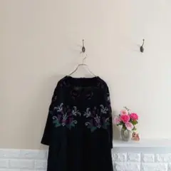 クルーネック七分袖ジャケット ロング丈 花柄刺繍 ウール混 手洗いOK
