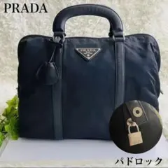 【美品】PRADA ハンドバッグ パドロック サファイアーノレザー ブラック 黒