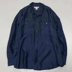 90s Vintage シルク100% L/S シャツ 光沢 ドレープ ネイビー