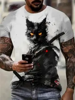 黒猫と武士のグラフィックTシャツ2XL