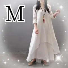 ワンピース M マキシ丈 ホワイト 白 レディース 体型カバー ゆったり