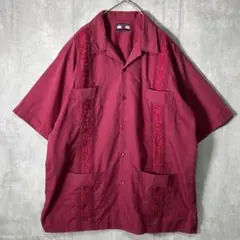 極上刺繍 USA キューバシャツ オープンカラー えんじ