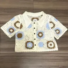 花柄 クロシェ編み かぎ編み 半袖 トップス カーディガン ホワイト