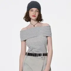 [定価以下]GU ボーダーオフショルダーT オフホワイト Tシャツ
