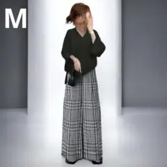 2点セット 新型vネック 7分袖トップス チェック柄 カジュアルワイド パンツ