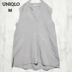 ユニクロ ノースリーブ スキッパー シャツ ブラウス (Ｍ) グレー 麻 上品