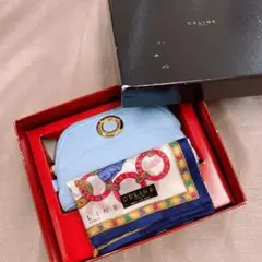 CELINE ポーチ&ハンカチ ブルー 綿 ホワイト ゴールド★514