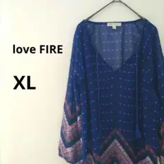 古着 loveFIRE 八分袖 チュニック トップス エスニック ドット ブルー