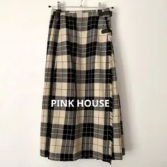 PINK HOUSEのお洒落なチェックのプリーツ 巻きスカート ロング