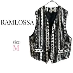 RAMLOSSA【M】ジレ ベスト 総柄 薄手 オフィスカジュアル 派手 白×黒