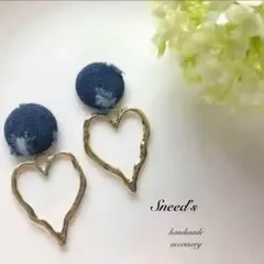 ■ ダメージデニムカボションx♥ハートチャーム ピアス/イヤリング