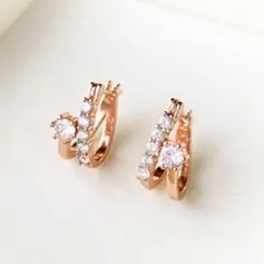 A67【大人気⭐】フープピアス ピンクゴールド 2連 大粒ダイヤ シンプル お祝