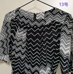 【美品】ジグザグ模様 半袖ワンピース 13号　L　黒×アイボリー　レトロワンピ