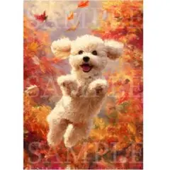 P106 落ち葉ではしゃぐトイプードル① A4サイズ オリジナルアート 犬 絵画