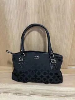 【美品】COACH ハンドバッグ オプアート ブラック キャンバス ブルー