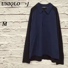 ユニクロ+J ✩ M バイカラー長袖ポロシャツ ウール ラグランスリーブ 紺×黒