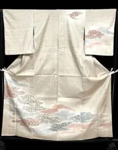 単衣 生紬 付下げ 訪問着 正絹 手描き 花文 作家落款 美品 イ5823