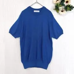 良品★カシミヤ混 パフスリーブ 半袖ニット F ブルー ウール100％ ゆったり