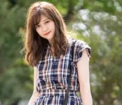 GU　綿混マドラスチェックブラウス　XSサイズ　紺×ベージュ