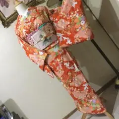 紅色 鹿の子 花紋様の 洗える お着物 ひろ襟 袷 日本製