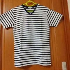 CLOSHI Mサイズ Vネック Tシャツ 白/紺ボーダー