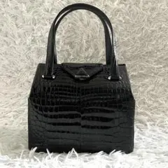 美品 シャイニングクロコダイル ハンドバッグ センター取り レザー ブラック 黒