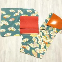 【C30】着物 小紋 袷 正絹 青緑 単品 着付練習や初心者・アレンジに