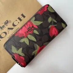 新品未使用 COACH コーチ 長財布 シグネチャー ダークブラウン 薔薇 バラ